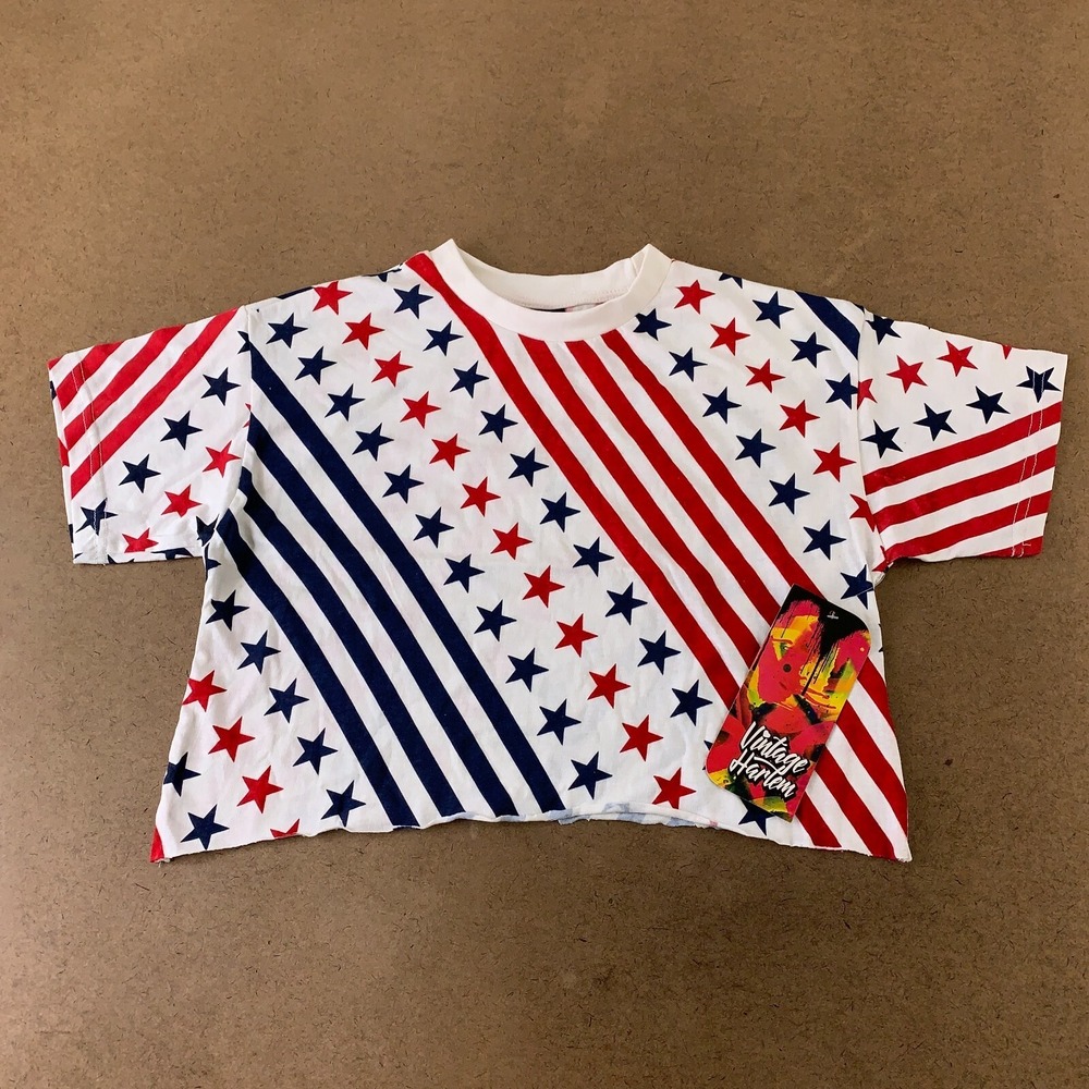Vintage Harlem Juniors Size XL Red White Blue Flag Print Cropped T-Shirt NWT